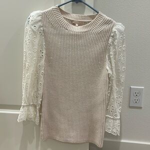 Brand new with tags: Rebecca Taylor cream and lace sleeve knit sweater, size XS